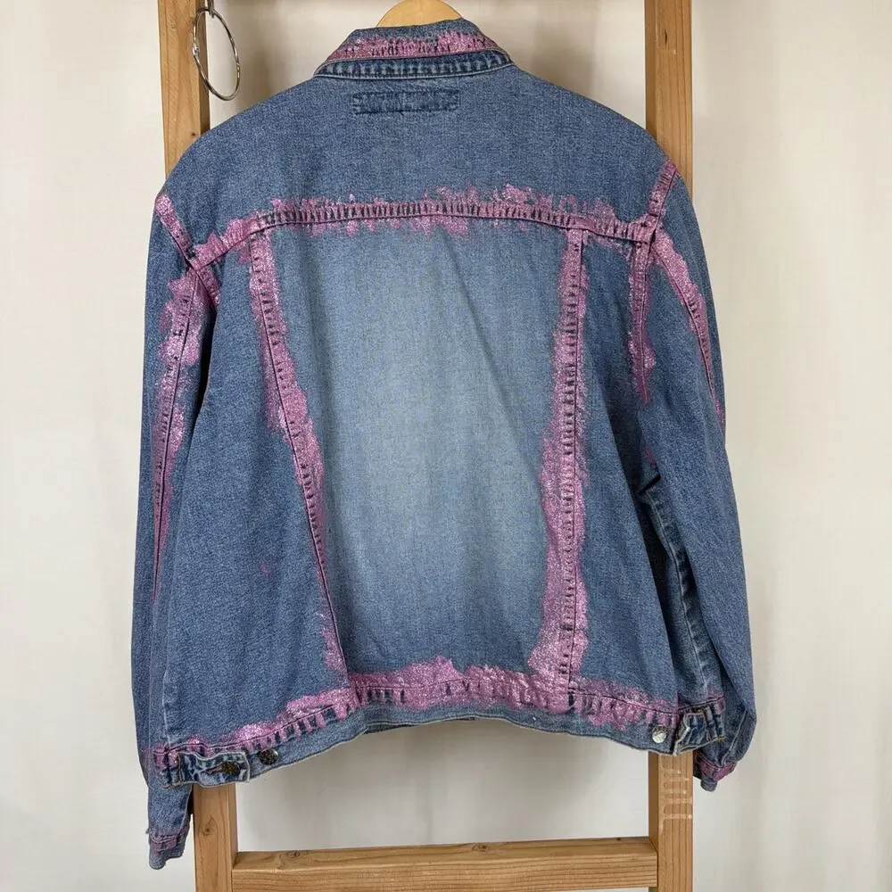 Anti Blue Pink Glitter Details Pockets Button Up Denim Jacket #1280 Size 2X